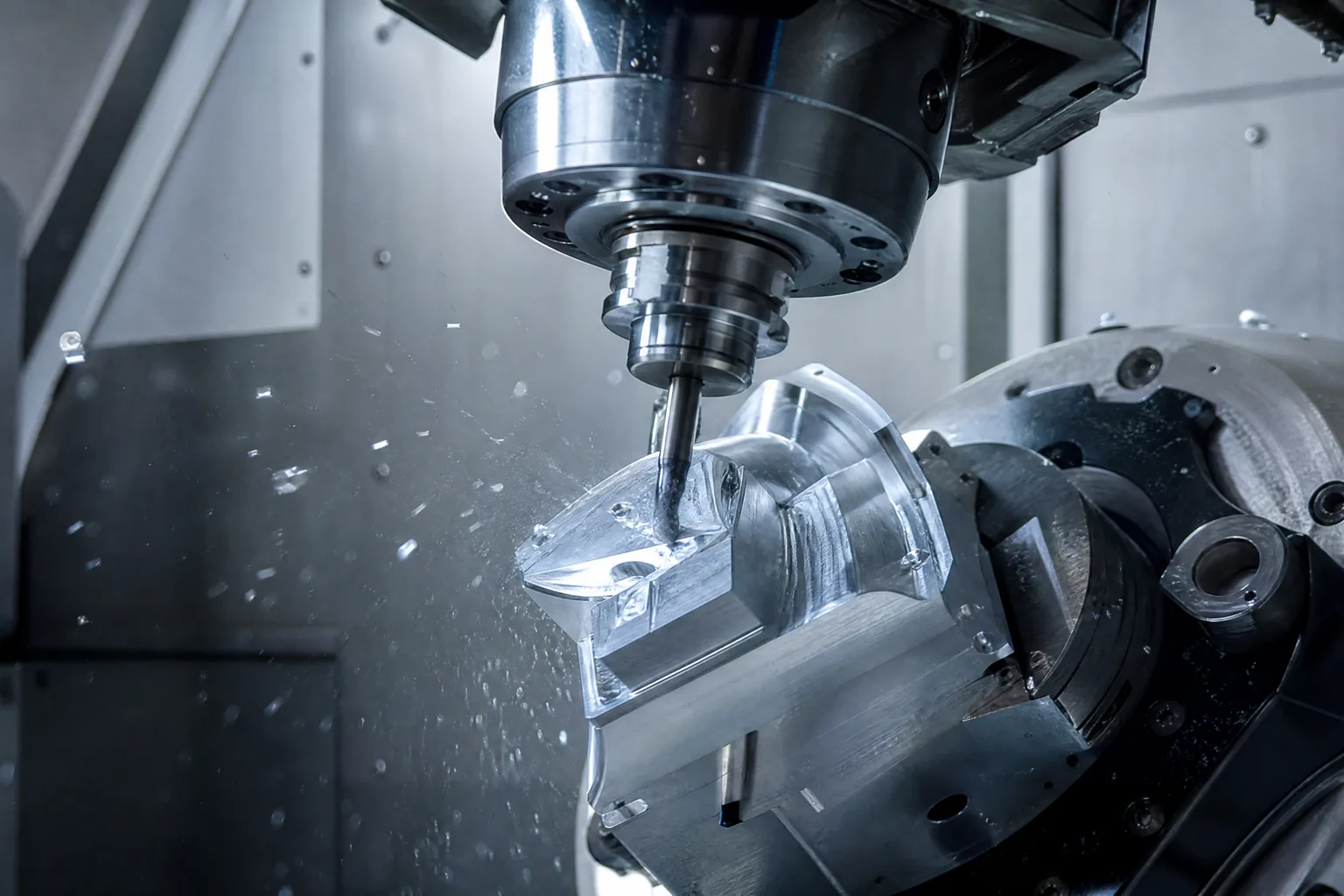 Illustrative render: five-axis CNC machining center cutting an aluminum part with coolant mist and flying chips