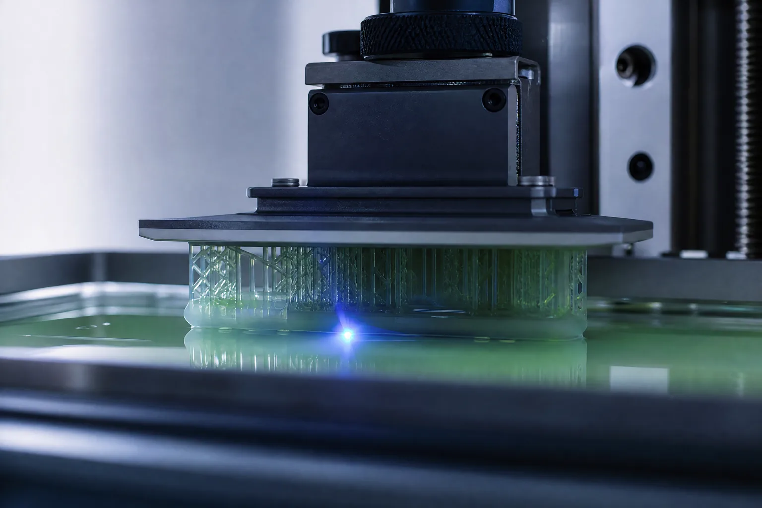 Illustrative render: industrial SLA platform curing light-green resin with a focused blue laser point over the vat