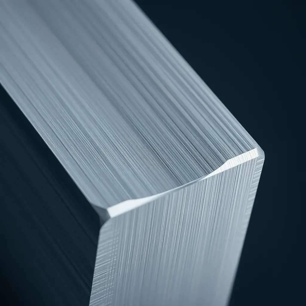 Illustrative render: macro of a machined aluminum 7075-T6 block with facing marks and a chamfered edge, cool light