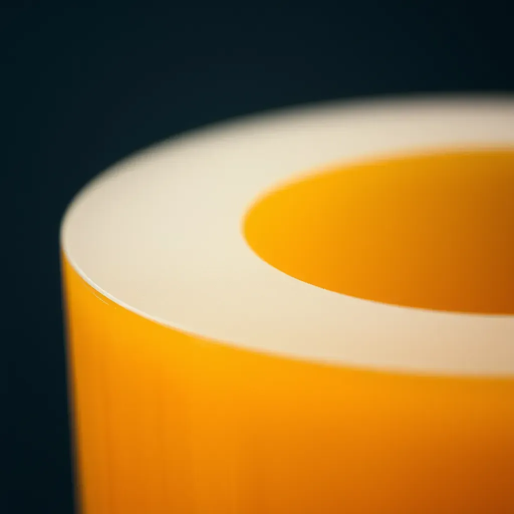 Illustrative render: macro of an amber translucent PEEK machined part with a smooth turned finish on a dark ground