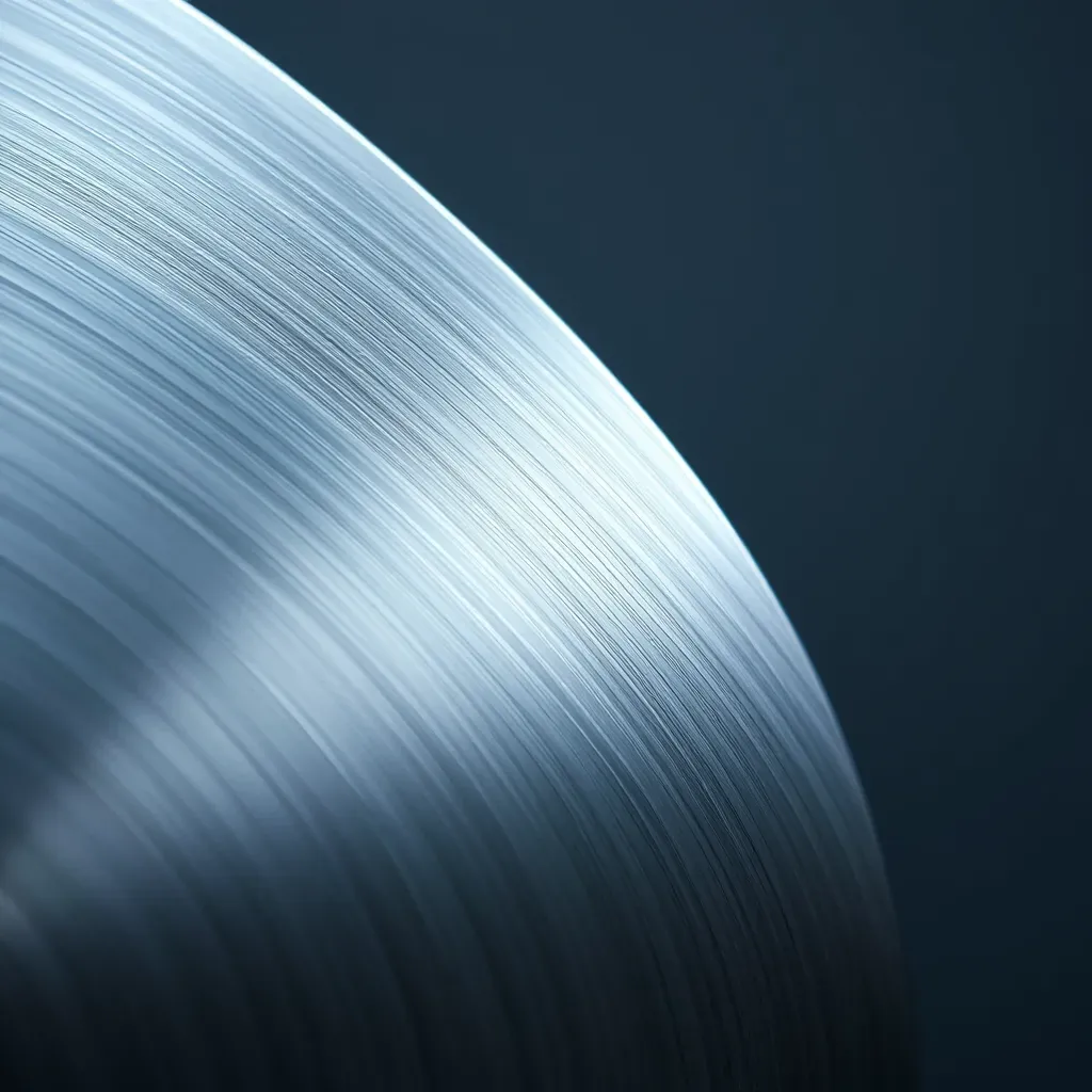 Illustrative render: macro of brushed stainless steel 304 surface with fine linear grain under a cool single-side light