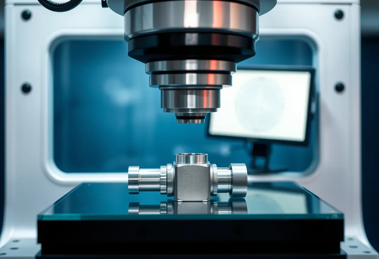 Illustrative render: optical vision measurement system inspecting a molded rubber part on a glass stage