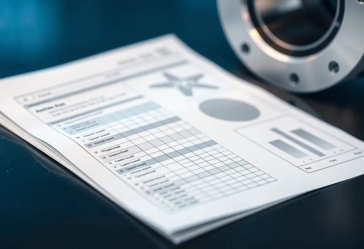 Illustrative render: printed inspection data sheet with tables and charts beside a machined part on a workbench