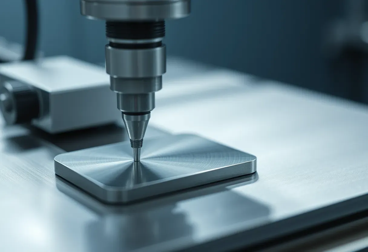 Illustrative render: surface roughness tester stylus traversing a machined metal plate in cool lab lighting